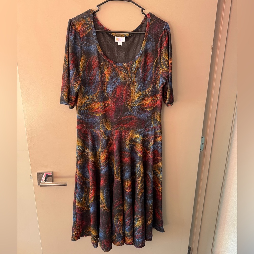 Colorful Feather Patterned Women's LulaRoe Nicole Dress